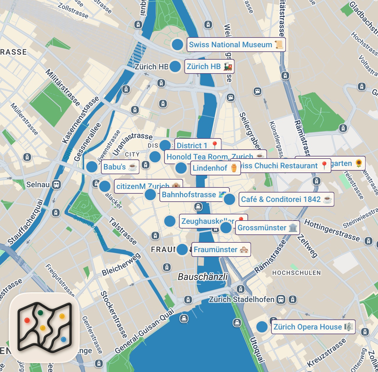 Map of 15 spots from Zürih VLOG Gezi Rehberi 🇨🇭 | Zürih Gölü, Eski Şehir, İsviçre Mutfağı & Çikolata Tramvayı 🍫🧀🚋