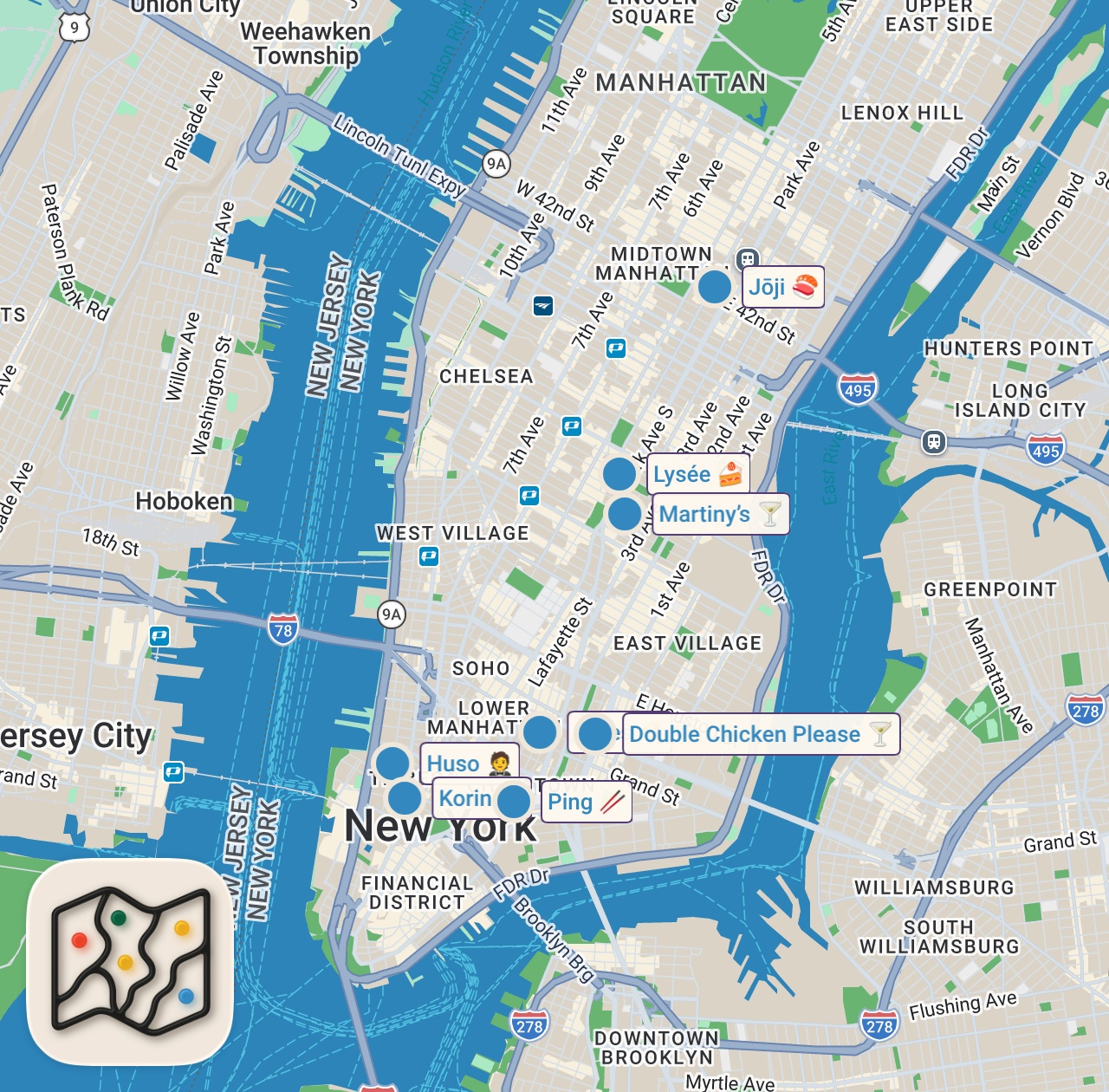 Map of 8 spots from 12HRS in New York City - A Michelin Chef Shows Us Where He Eats ft. Ceres, Double Chicken Pls, Lysee