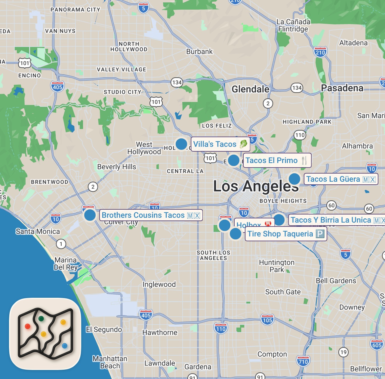 Map preview for Top 6 BEST STREET TACOS in Los Angeles (HIDDEN GEMS You NEED to Try!) 🌮🔥