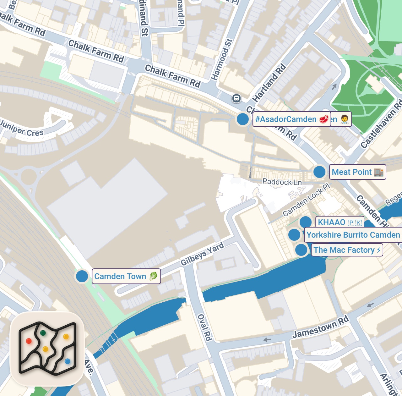 Map of 8 spots from CAMDEN MARKET BEST FOOD GUIDE