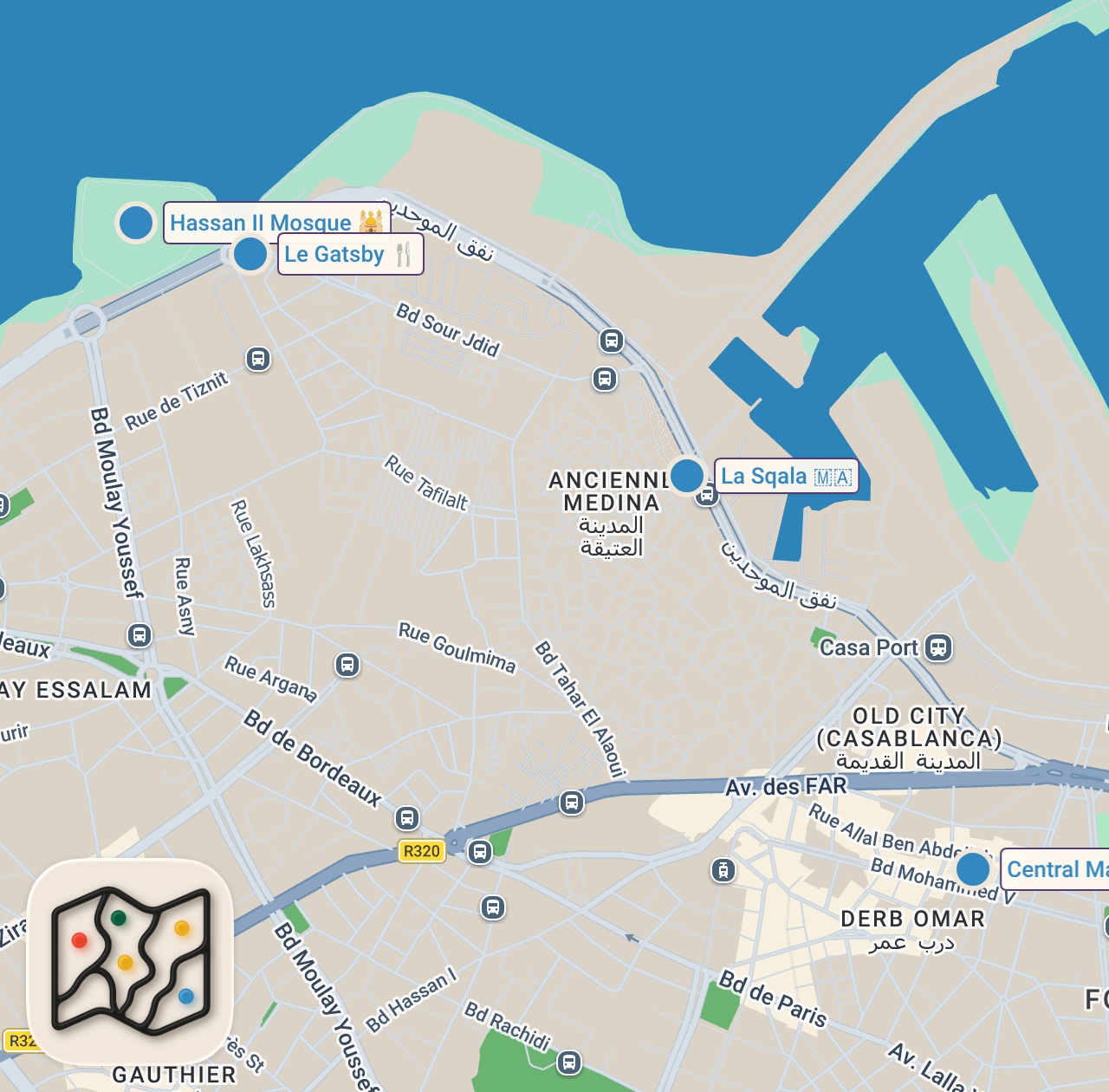 Map of 5 spots from Morocco Street Food!! 🇲🇦 SPIDER CRAB + Best Moroccan Food in Casablanca!
