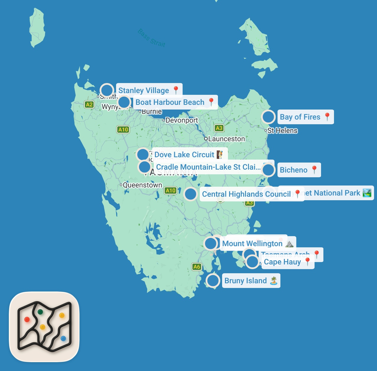 Map preview for Top 10 Places To Visit in Tasmania - Travel Guide