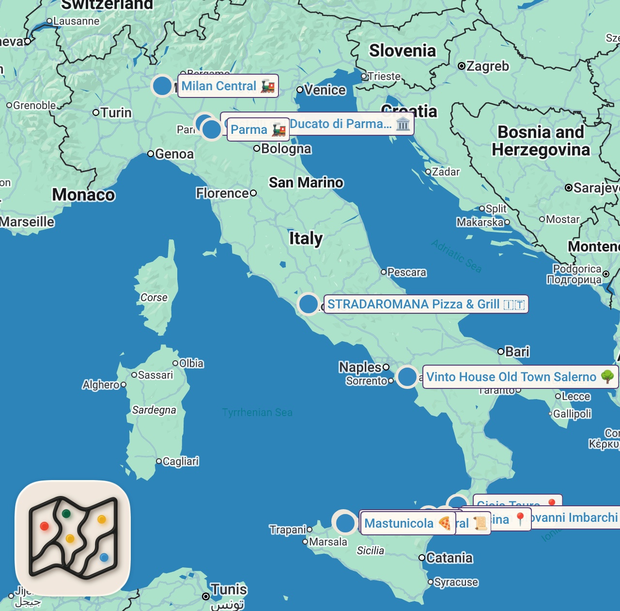 Map of 14 spots from 22 Hours on Europe's Most Unique Ferry Sleeper Train! | 🇮🇹 Milan - Sicily