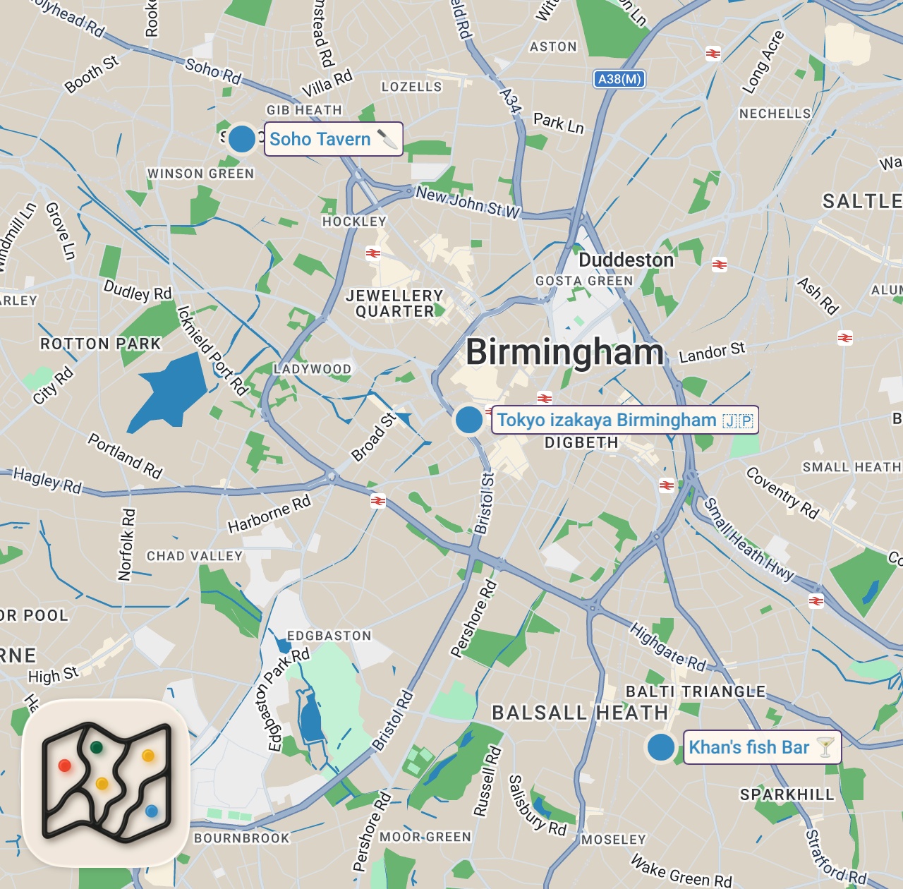Map of 3 spots from I ate at Birmingham's most HYPED food spots 🙌🏻