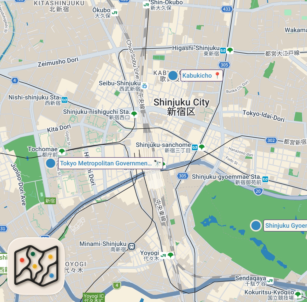 Map of 3 spots from Walking Through Shinjuku Tokyo 4K | Kabukicho, Omoide Yokocho & Nightlife