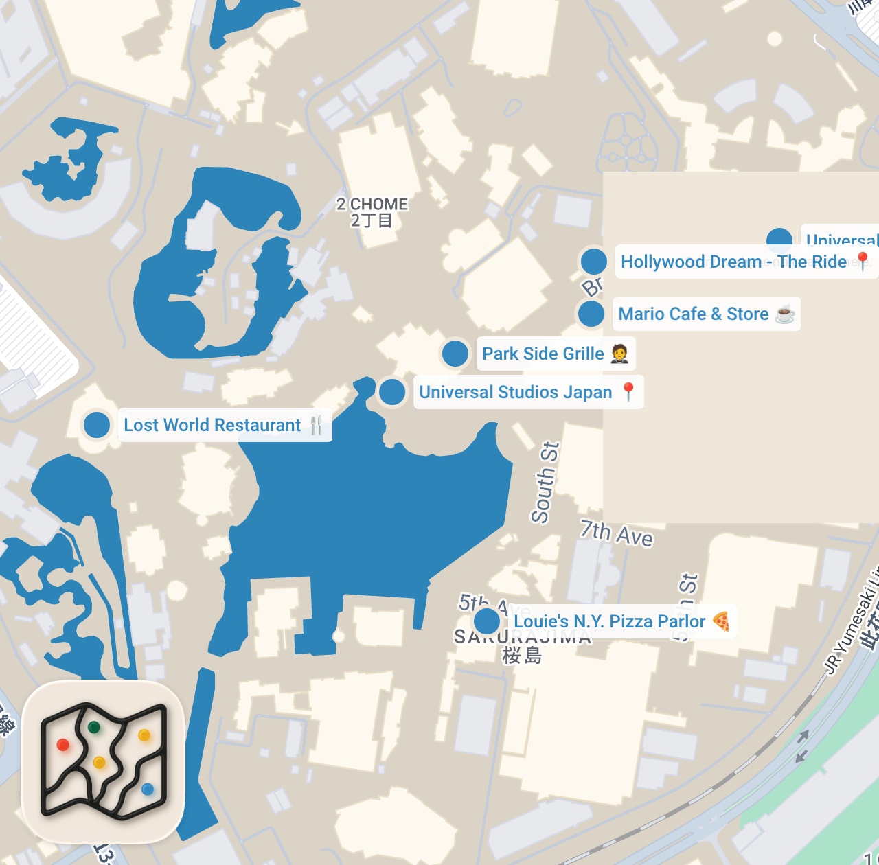 Map preview for 【USJ】食べ歩き vlog │ ２０２４年！おすすめグルメ８選！ユニバ／マリオ／パンケーキ／スイーツ