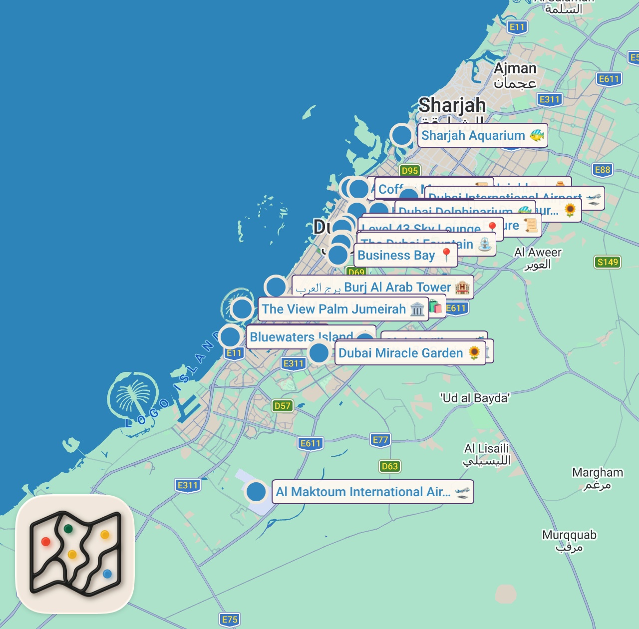 Map of 103 spots from دليل زيارة دبي 2025 🇦🇪 | أفضل الأماكن السياحية والنصائح المهمة قبل السفر