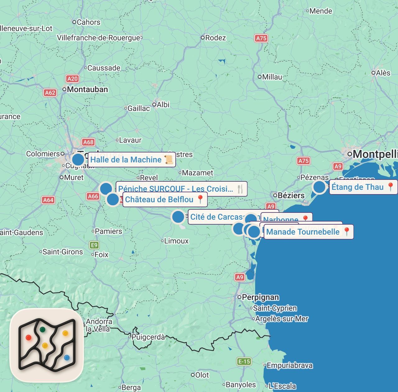 Map of 10 spots from Le Canal du Midi : voyage au fil de l'eau au cœur du Sud de la France - MG