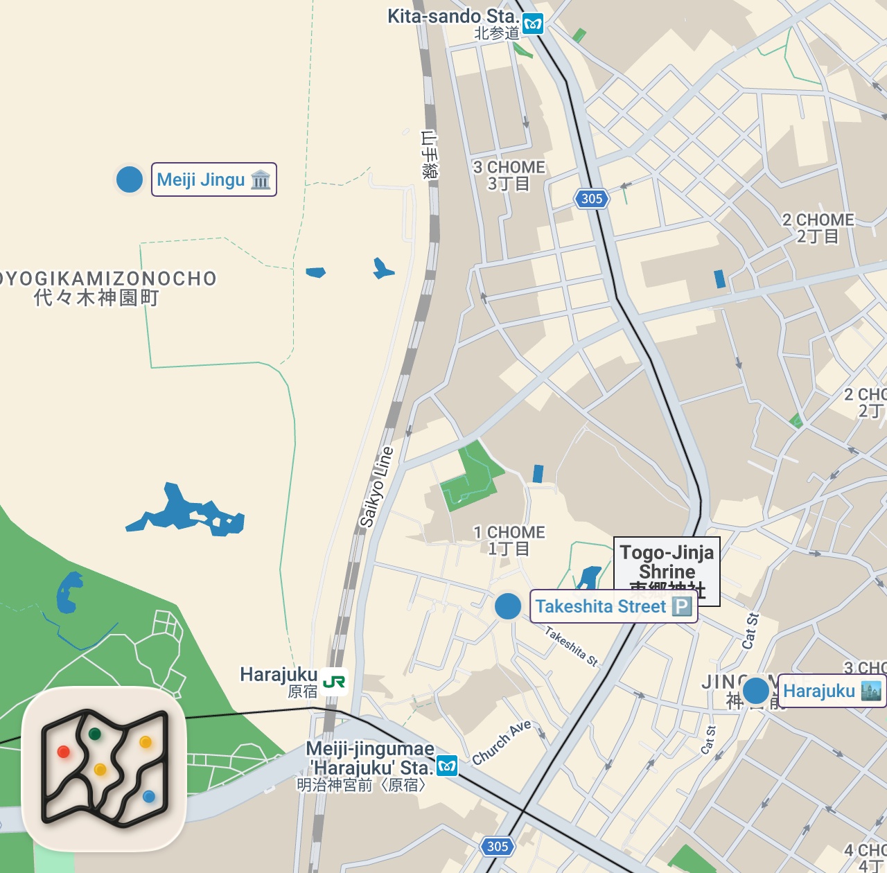 Map of 3 spots from Harajuku Walking Tour 2026 [4K, 60fps]