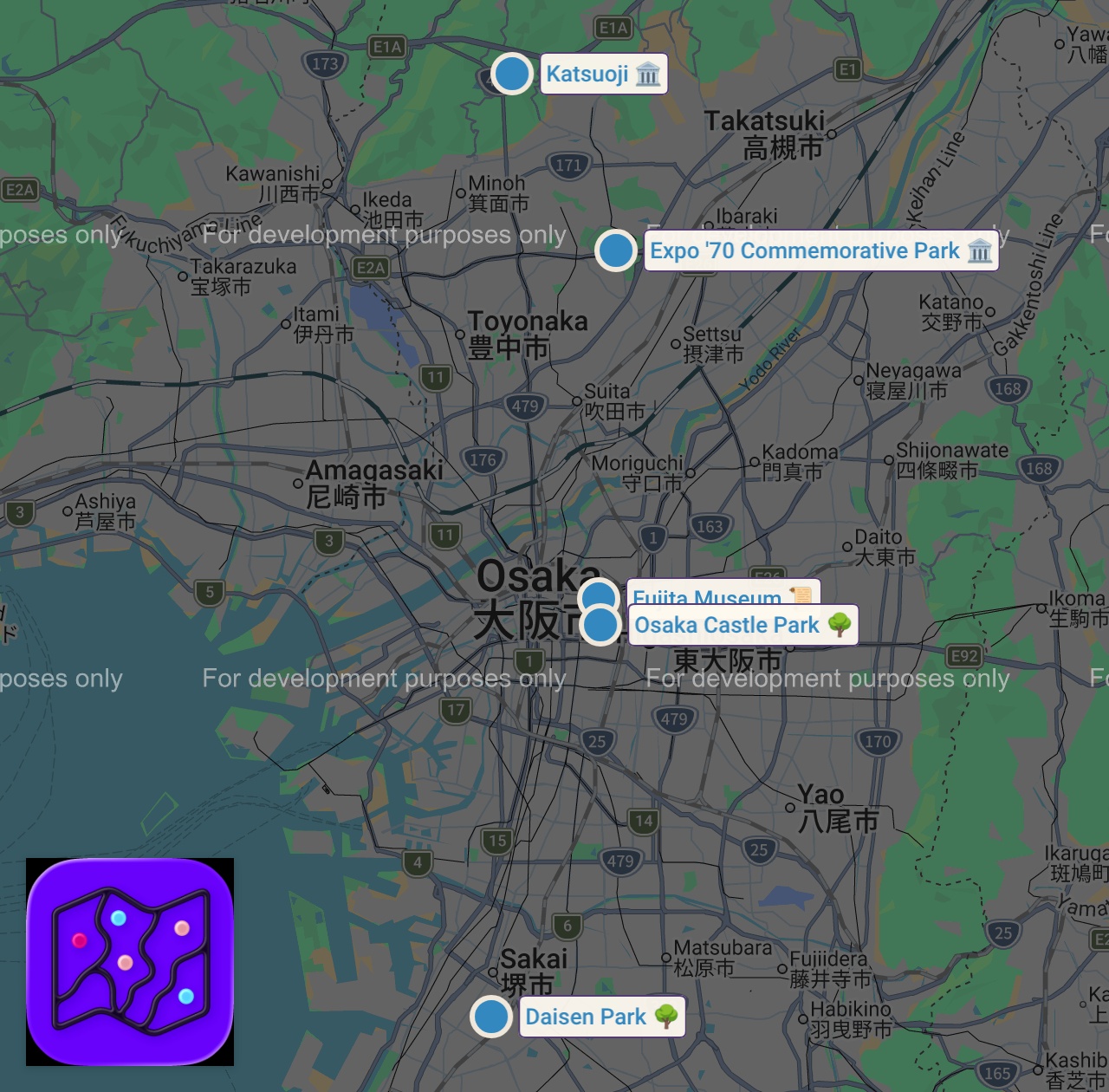 Map of 5 spots from 【日本一人旅 EP23】6個被低估的賞楓景點！原來大阪的秋天那麼美｜勝尾寺、箕面瀑布、藤田美術館、萬博紀念公園、大仙公園、大阪城公園