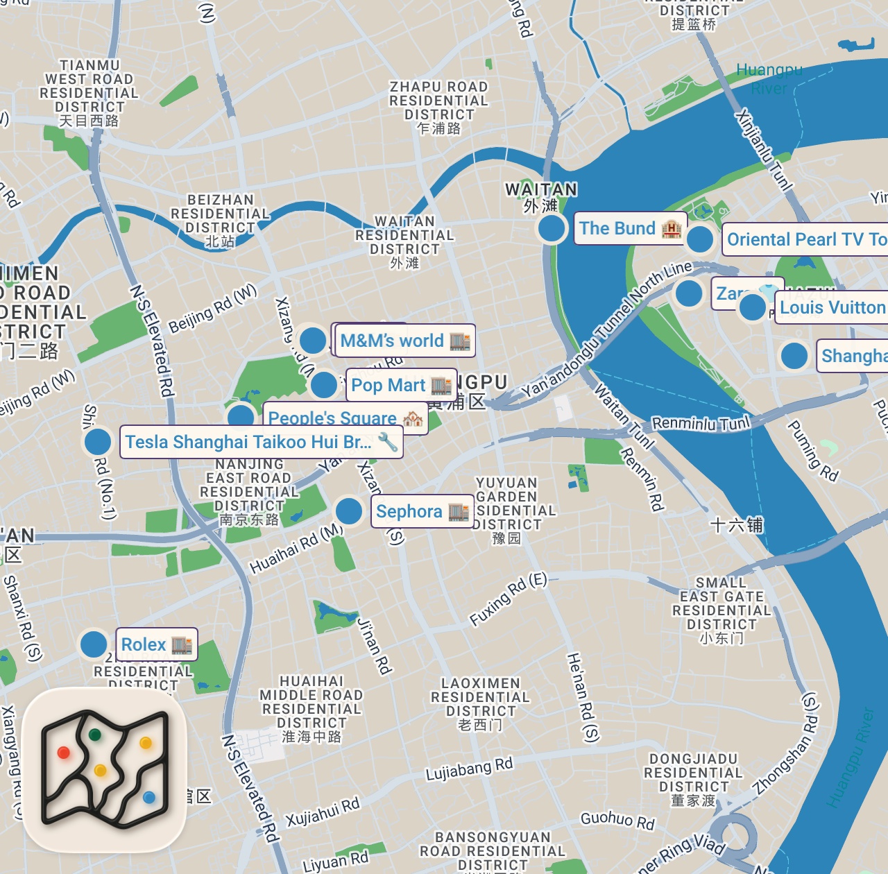 Map of 12 spots from China Took Western Luxury Brands To The Next Level - Louis Vuitton Boat, Tesla Shop In Shanghai 🇨🇳