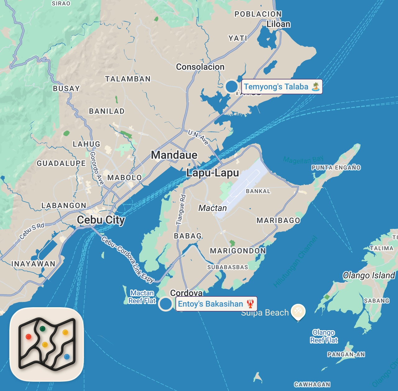 Map of 2 spots from Philippines OYSTER MOUNTAIN!! Best Filipino Food + Fresh Eels in Cebu!!
