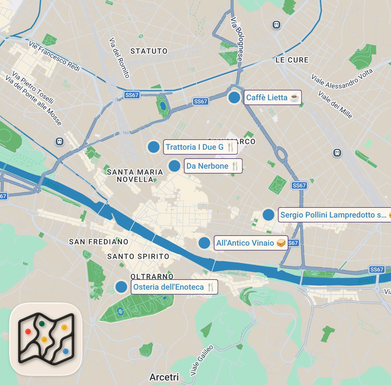 Map preview for 12 Must Try Foods in FLORENCE - #1 PANINI + $$$ STEAK + TRUFFLE Pasta - Best Food in Florence, Italy