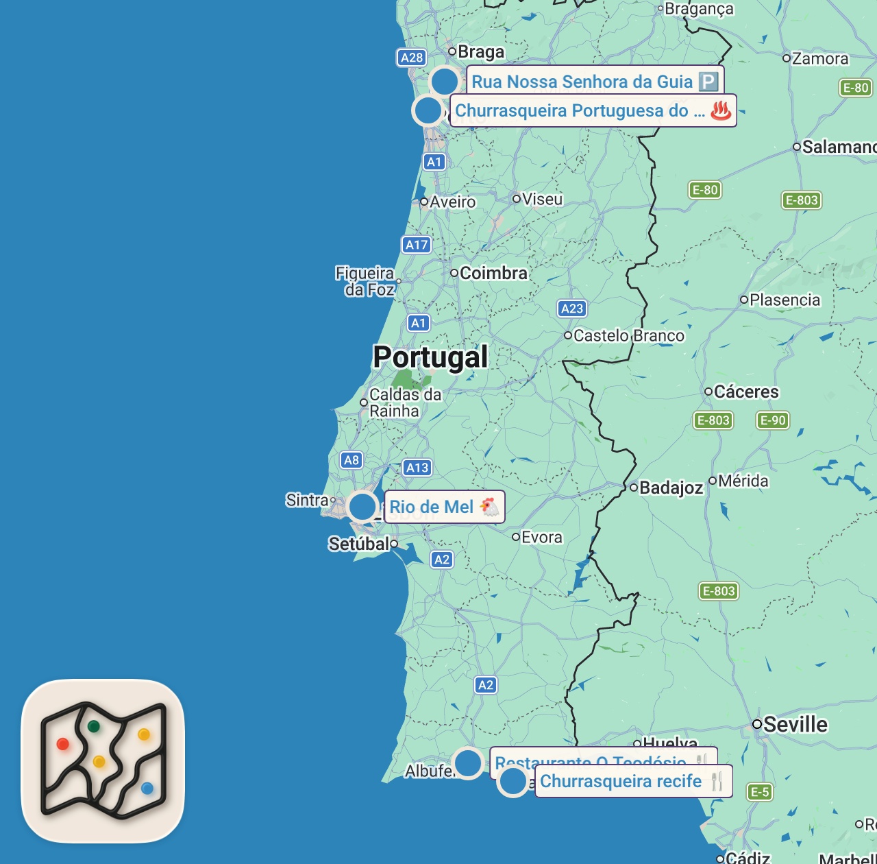 Map of 5 spots from Best Ever Grilled Chicken!! 🌶 Ultimate PIRI PIRI CHICKEN Tour in Portugal!
