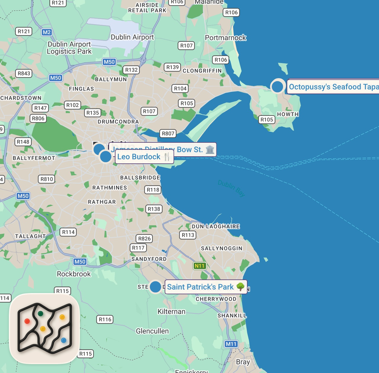 Map preview for Dublin, Ireland Food and Drink Crawl! Famous Fish n' Chips, Jameson, Howth! DEVOUR POWER