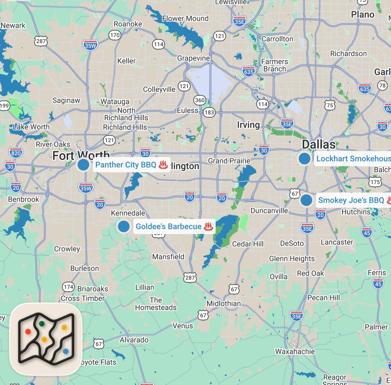 Map preview for Finding The Best Barbecue In Dallas-Fort Worth, Texas | Food Tours | Insider Food