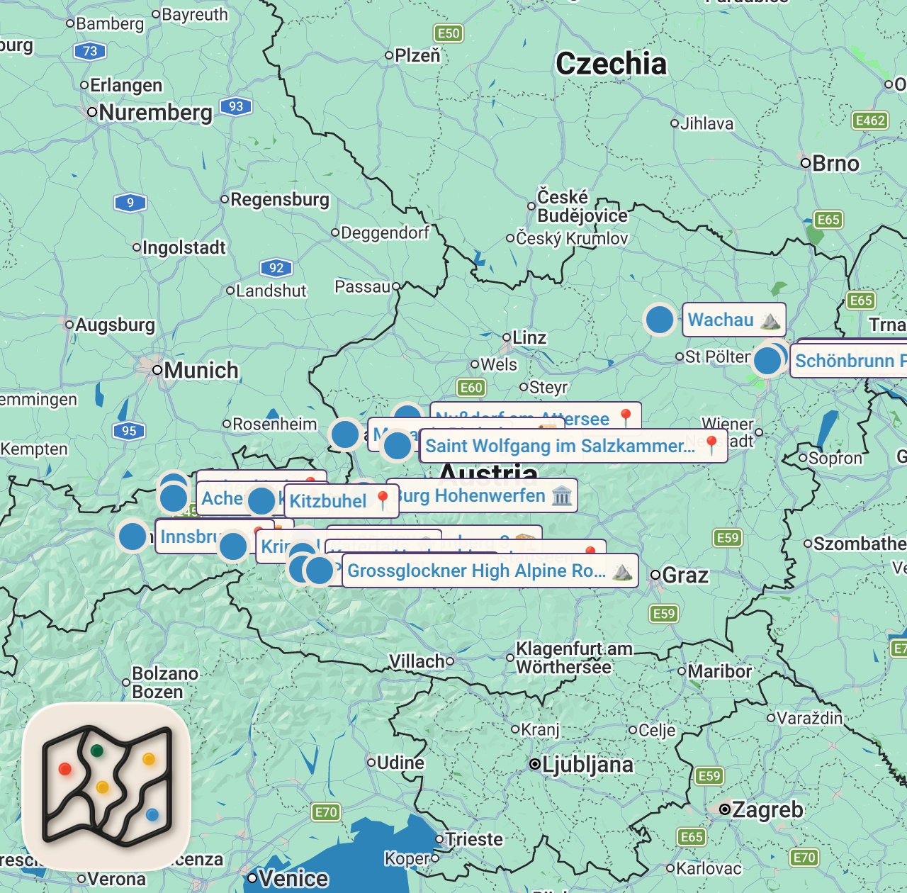 Map of 50 spots from 🇦🇹 Österreich Dokumentation | Das Land, das Europa nicht kennt | 4K