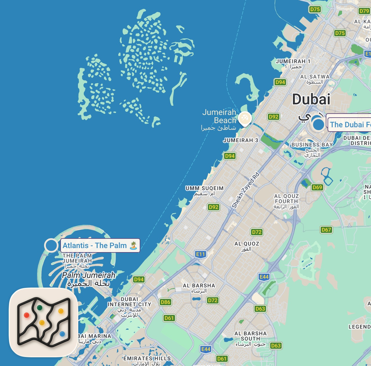 Map of 3 spots from 4k جوله مشي افتراضيه في دبي ,الامارات العربيه المتحده جوله جميله