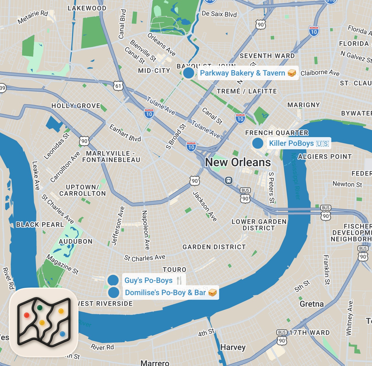 Map preview for Finding The Best Po'Boys In New Orleans | Food Tours | Insider Food