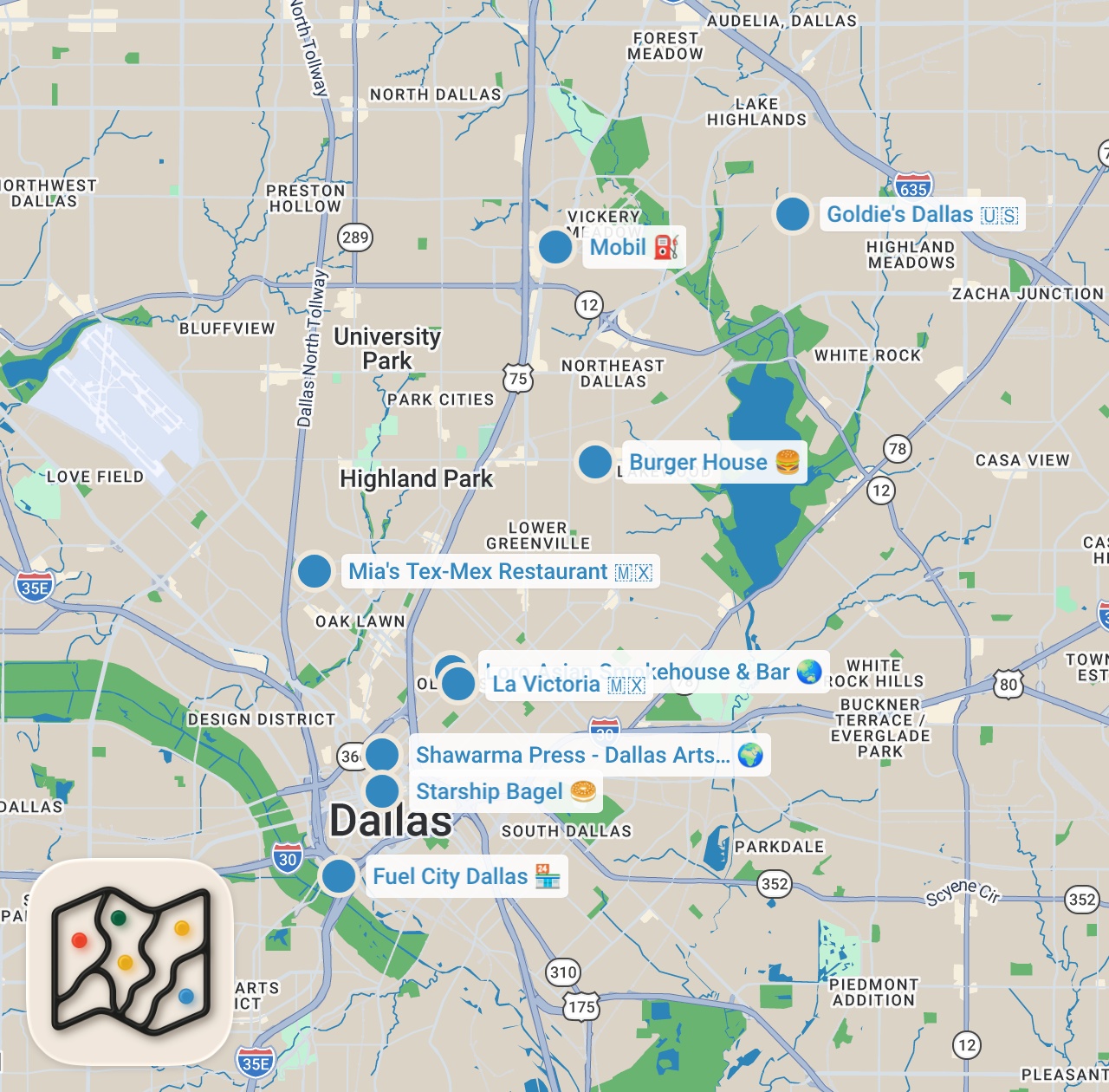 Map preview for Everything to Eat in Dallas Texas