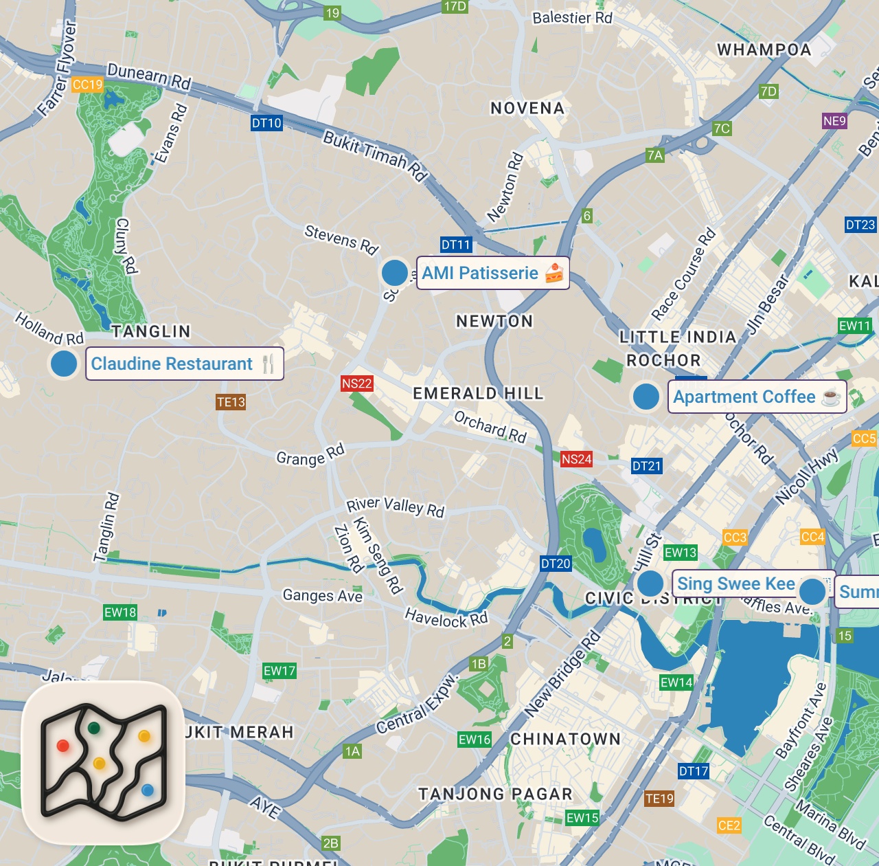 Map of 6 spots from 12HRS in Singapore - 3 Michelin Star Chefs Show Us Local Hidden Gems, Hawker Stalls and Luxury Bites