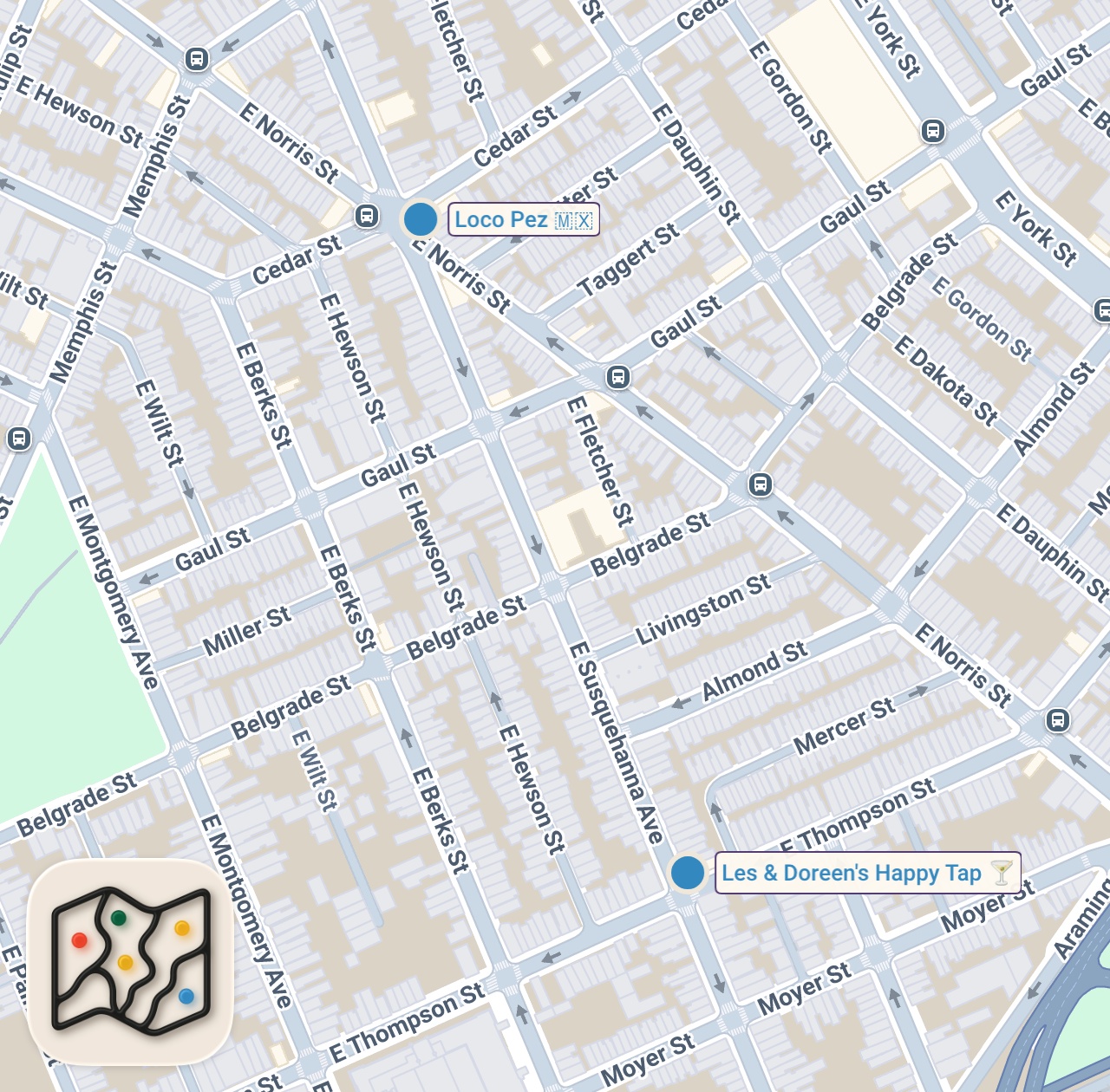 Map of 2 spots from Amazing Pueblan Street Food Pop Up in Philly!