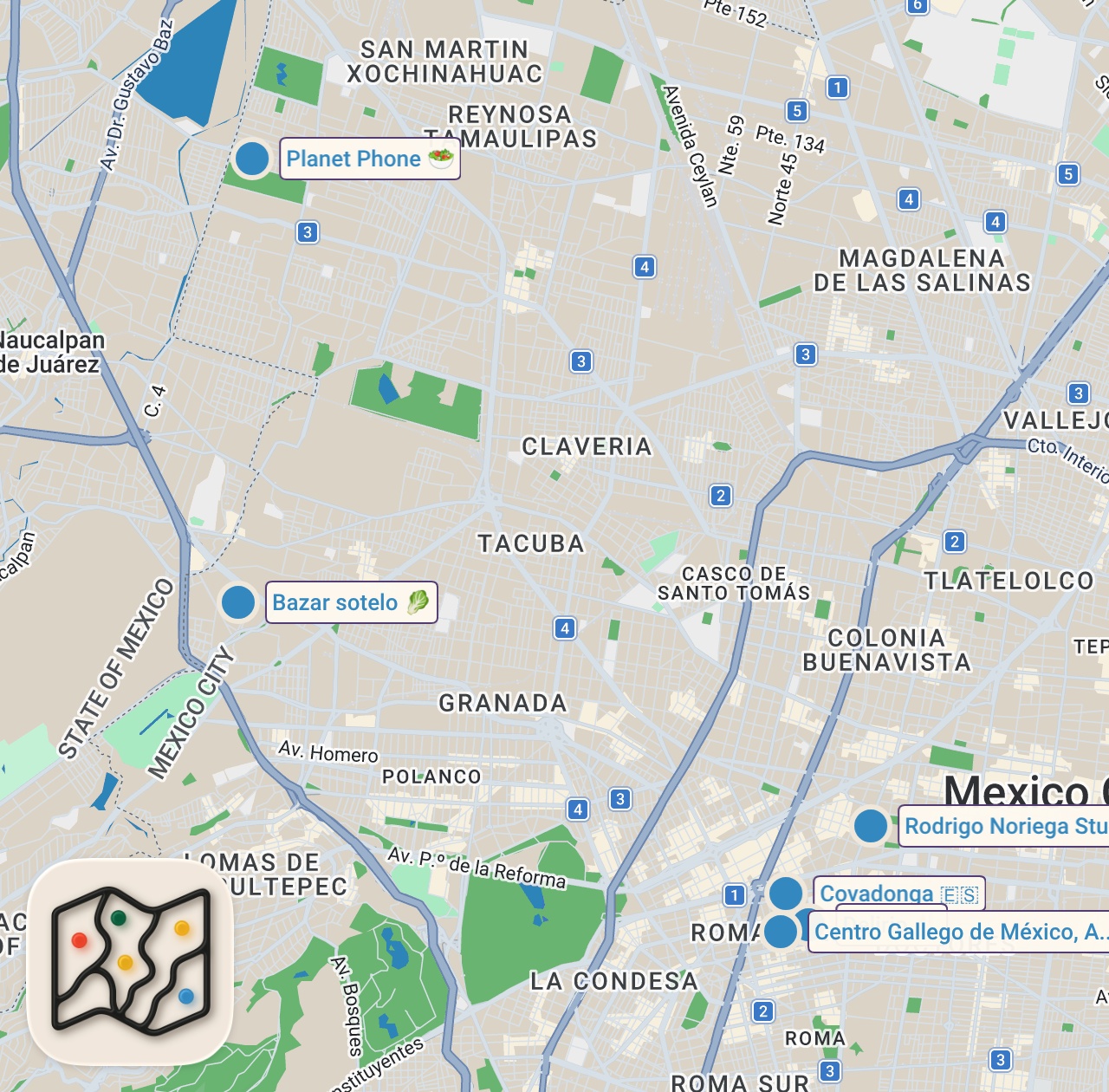 Map of 6 spots from ROMA MEXICO CITY W/ ALANXELMUNDO & RAWVANA | TRAVEL VLOG 4/4