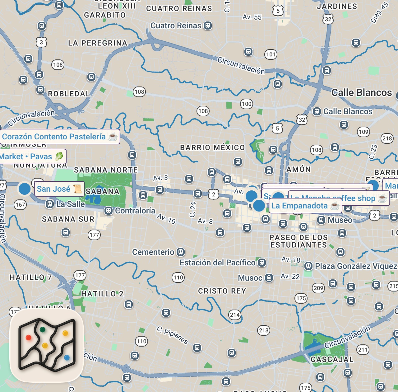 Map of 10 spots from First Time in Costa Rica!! 🇨🇷 COSTA RICAN STREET FOOD Tour in San Jose!!