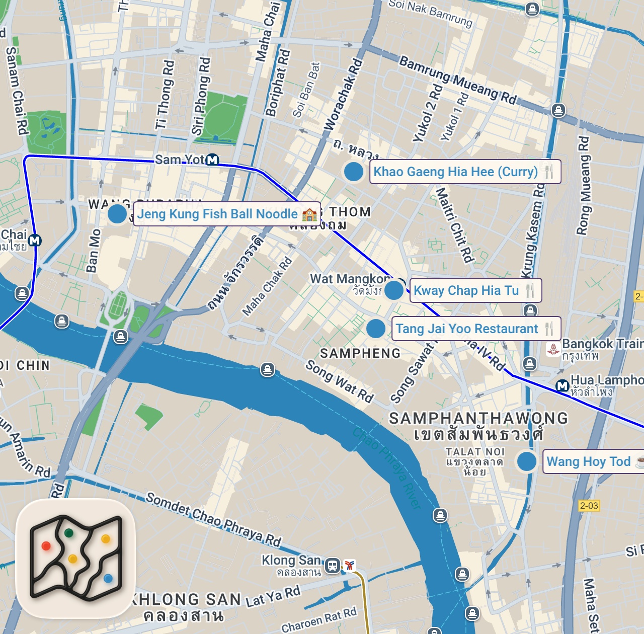 Map of 5 spots from Thai Street Food - 5 MUST EAT Foods in Chinatown, Bangkok!! (Local Favorites Only!)