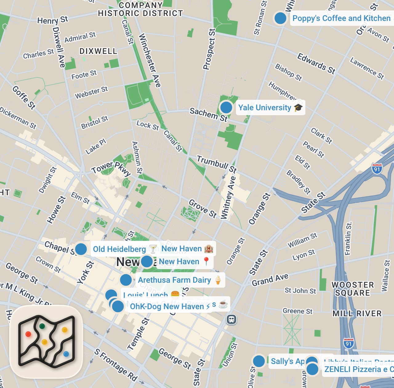 Map preview for A Weekend in New Haven, CT | eating a lot of pizza 🍕, Italian food, and hotel time with the pup