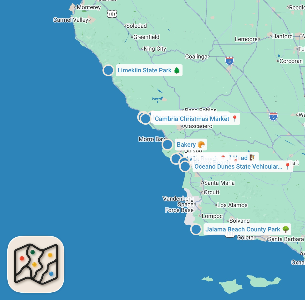 Map preview for Local spots worth enjoying on the Central Coast | From Santa Barbara, Big Sur, to San Luis Obispo