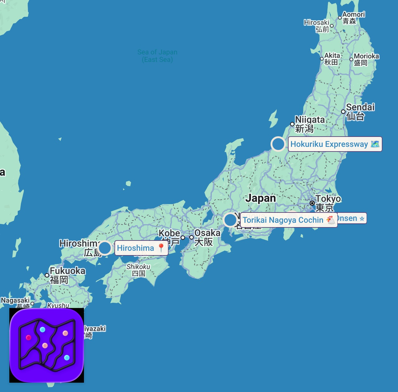 Map of 4 spots from 【2ch有益スレ】ガチで人生変わる！一人旅を楽しむ方法を挙げてけｗ【ゆっくり解説】