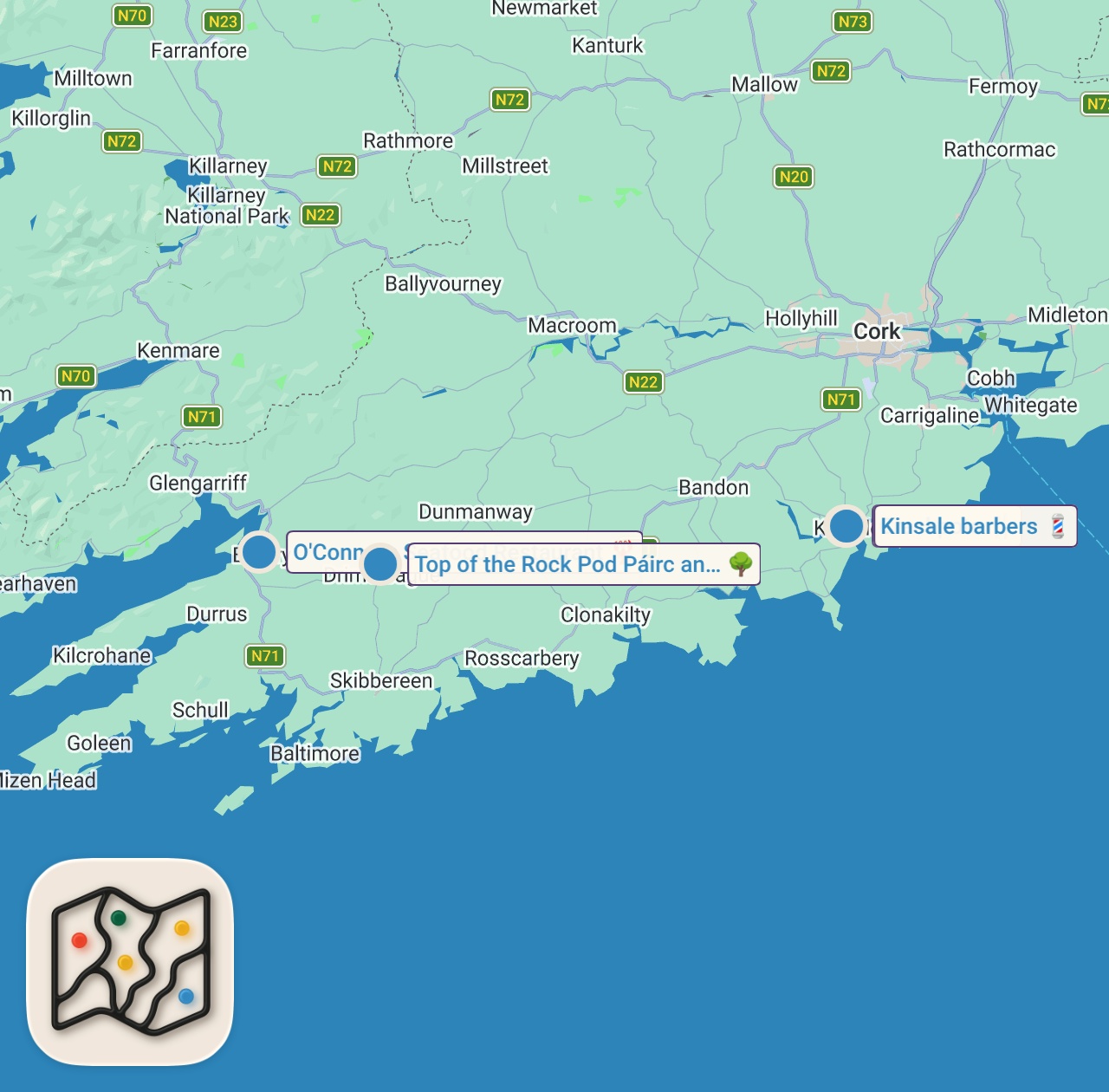 Map of 4 spots from KINSALE CATCH & COOK - BEST FISHING IN IRELAND