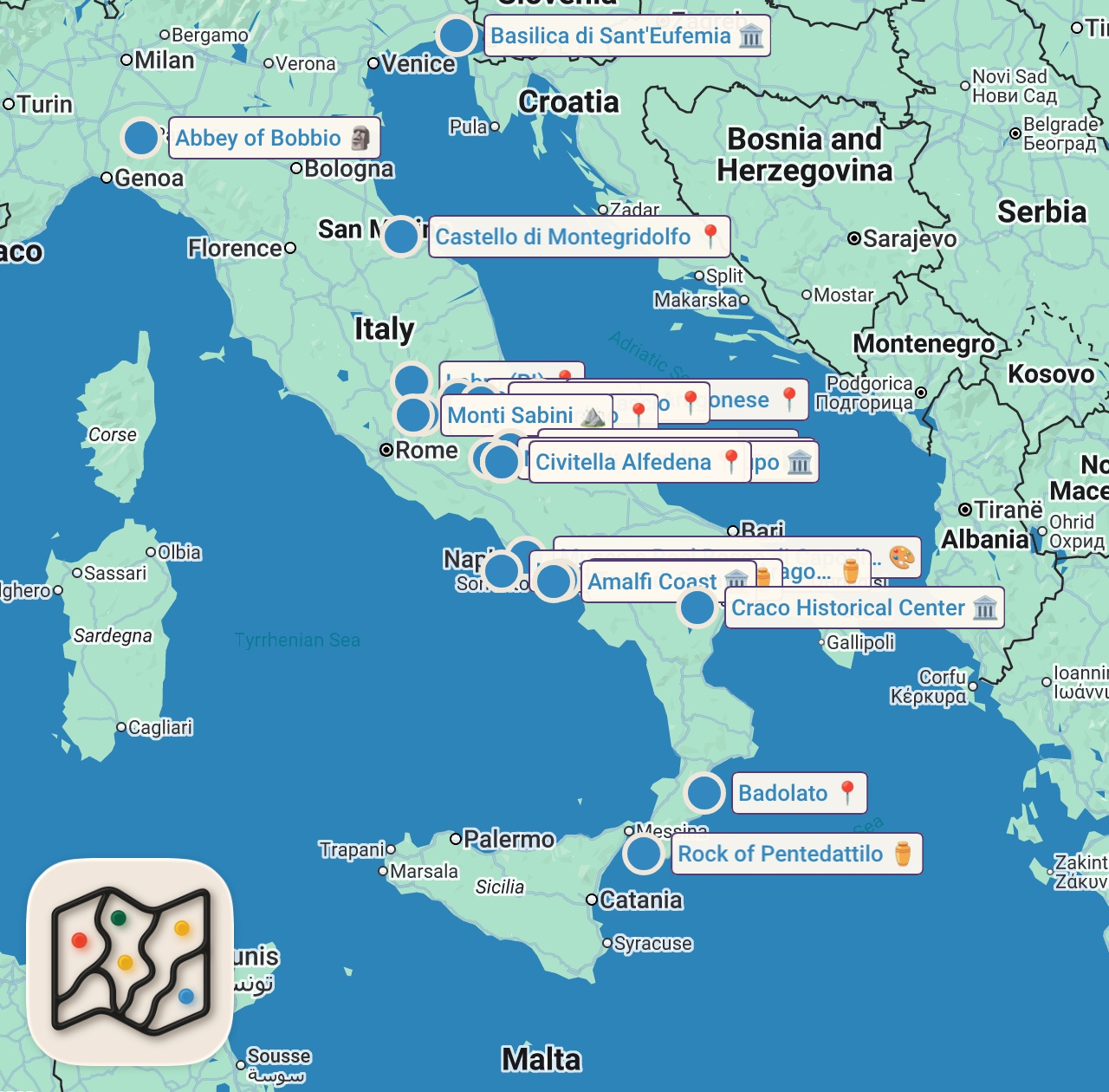 Map of 78 spots from ITALIA NASCOSTA | 50 Borghi Tra i Più Belli Ma Meno Conosciuti d’Italia | Guida di Viaggio Italia