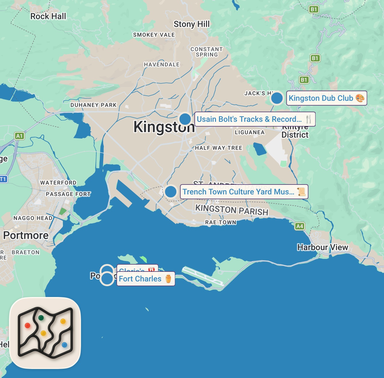 Map of 5 spots from Welcome to Jamrock | Kingston Jamaica Travel Guide