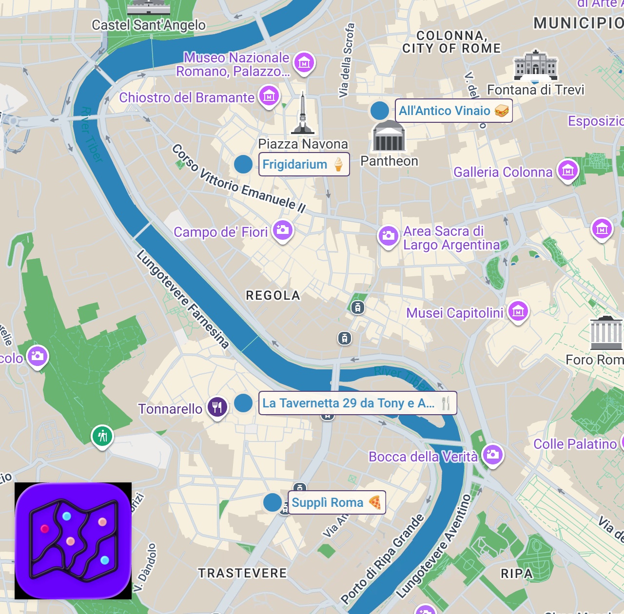 Map of 4 spots from Top 5 Best Street Foods in Rome, Italy! 🇮🇹 (€20 DIY Rome Food Tour)