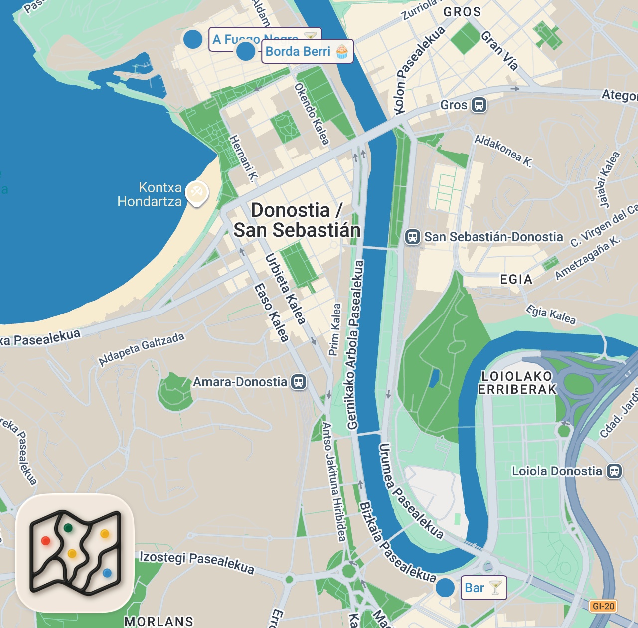 Map of 3 spots from PINTXOS IN SAN SEBASTIÁN-DONOSTIA