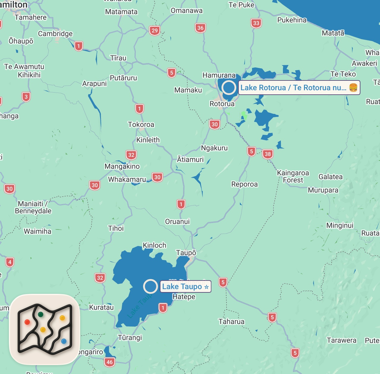 Map of 2 spots from New Zealand Road Trip | Van Life Lake Rotorua to Taupo