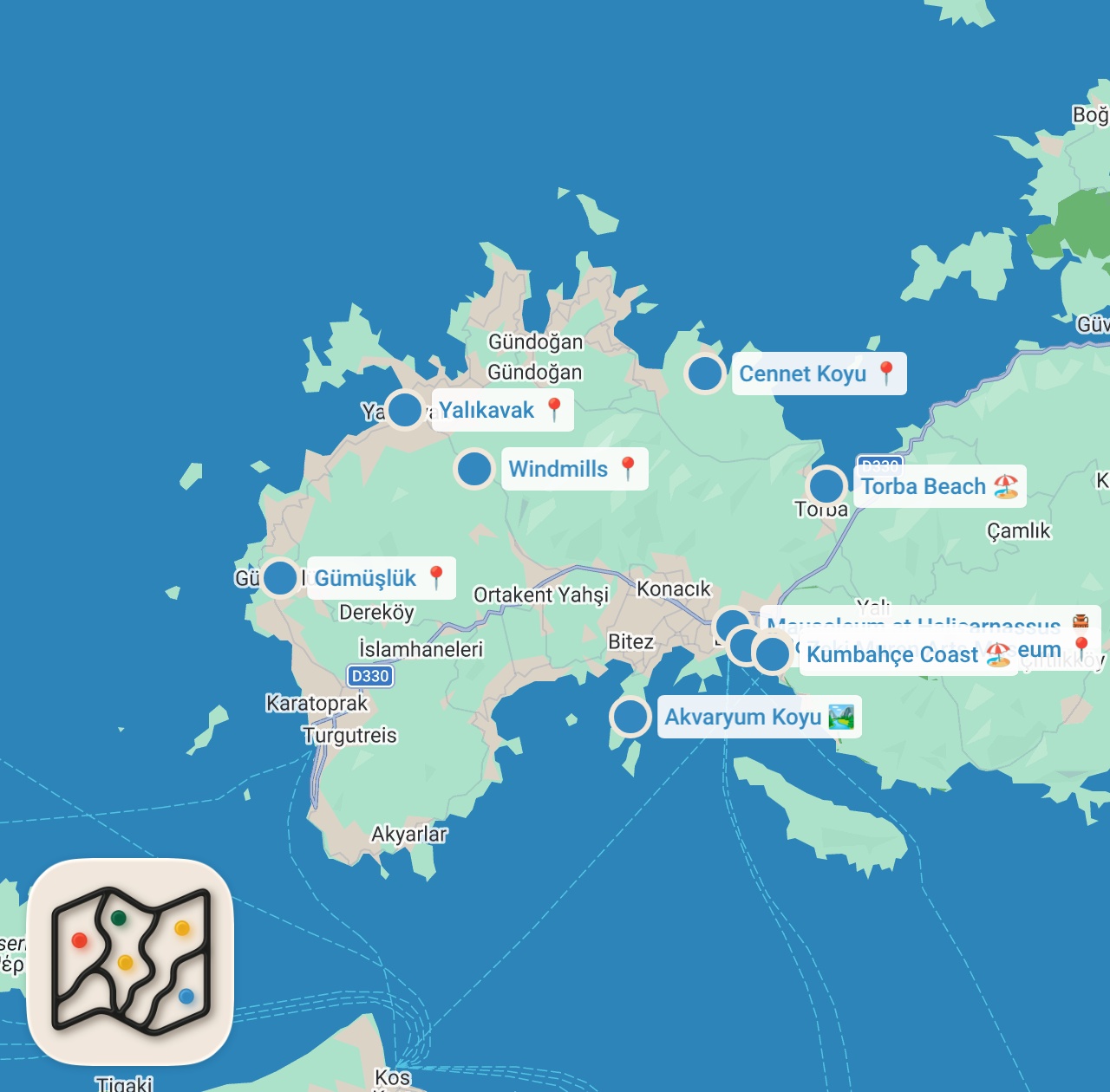 Map preview for BODRUM’DA GEZİLECEK YERLER | 3 GÜNLÜK GEZİ ROTASI