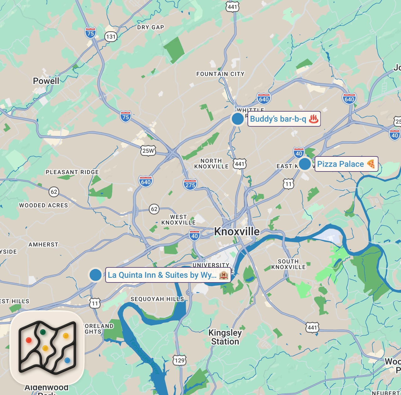 Map of 3 spots from Eating at Fast Food Restaurants I've NEVER Heard Of (Knoxville, TN)