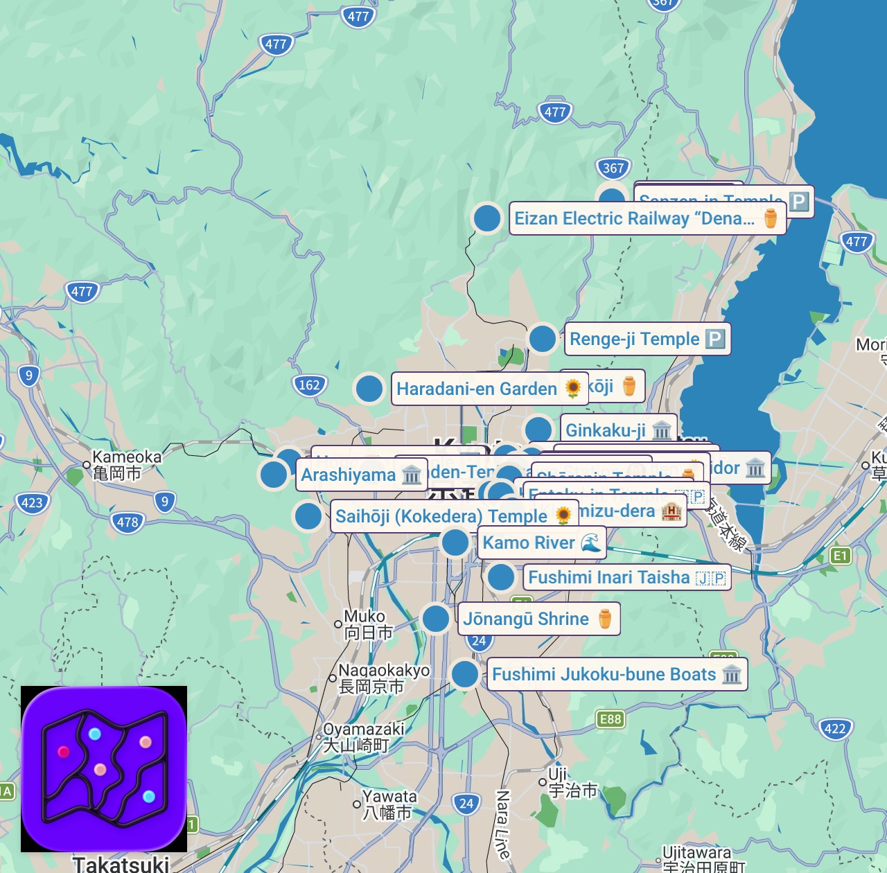 Map of 36 spots from 🇯🇵4K Top40 Kyoto Travel Guide 京都観光名所40選 Japanese garden 旅行 四季 スポット 桜 紅葉 新緑 青もみじの名所 額縁庭園 和風庭園 絶景 日本庭園
