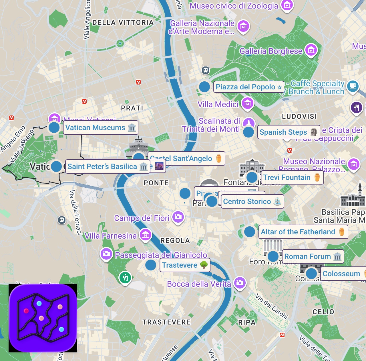 Map of 14 spots from Best Things To Do in Rome Italy 4K