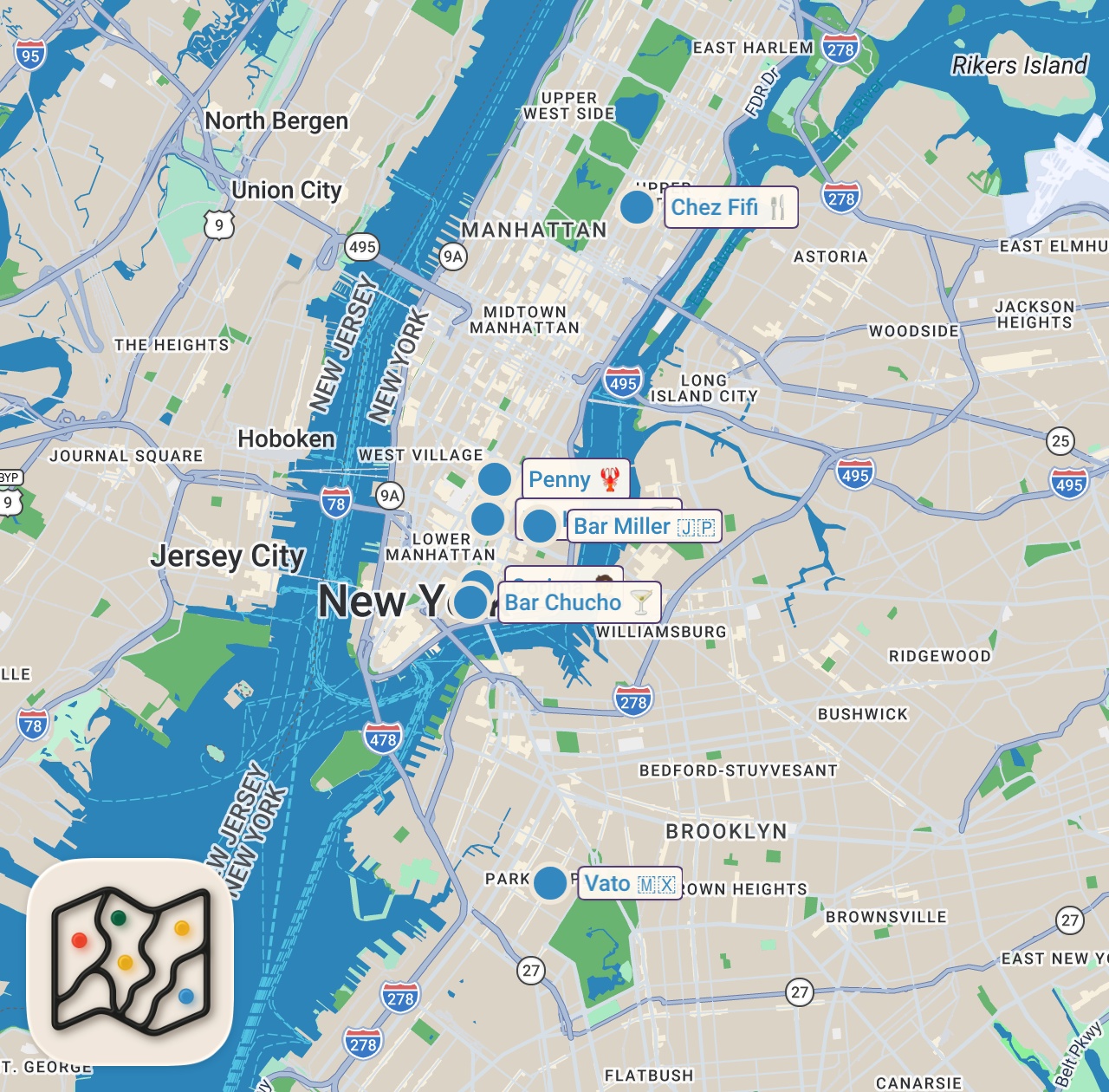 Map preview for 12HRS in New York City with A Michelin Chef - Top 7 Restaurants