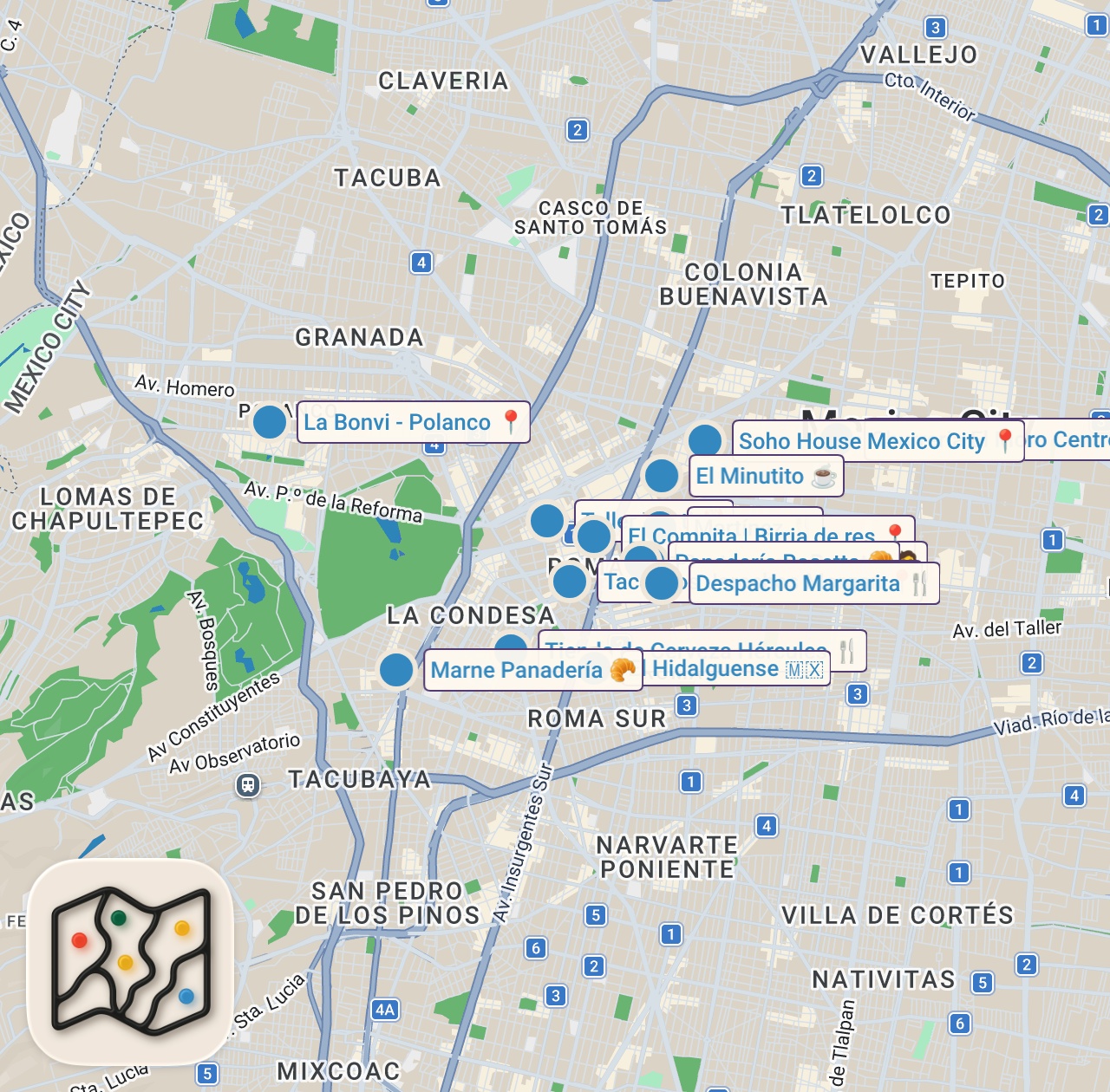 Map of 15 spots from 48 HOURS IN MEXICO CITY - The Best Restaurants