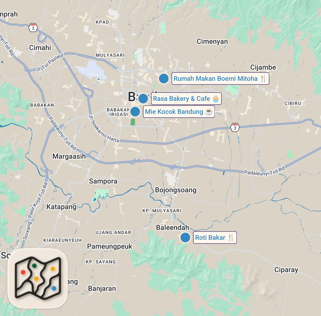 Map preview for BANDUNG FOOD HEAVEN - Mie Kocok + Sundanese food + Beef Curry - Indonesian street food in Bandung