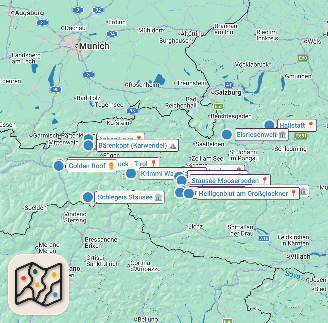 Map preview for Top 10 Sehenswürdigkeiten & Ausflugsziele in Österreich