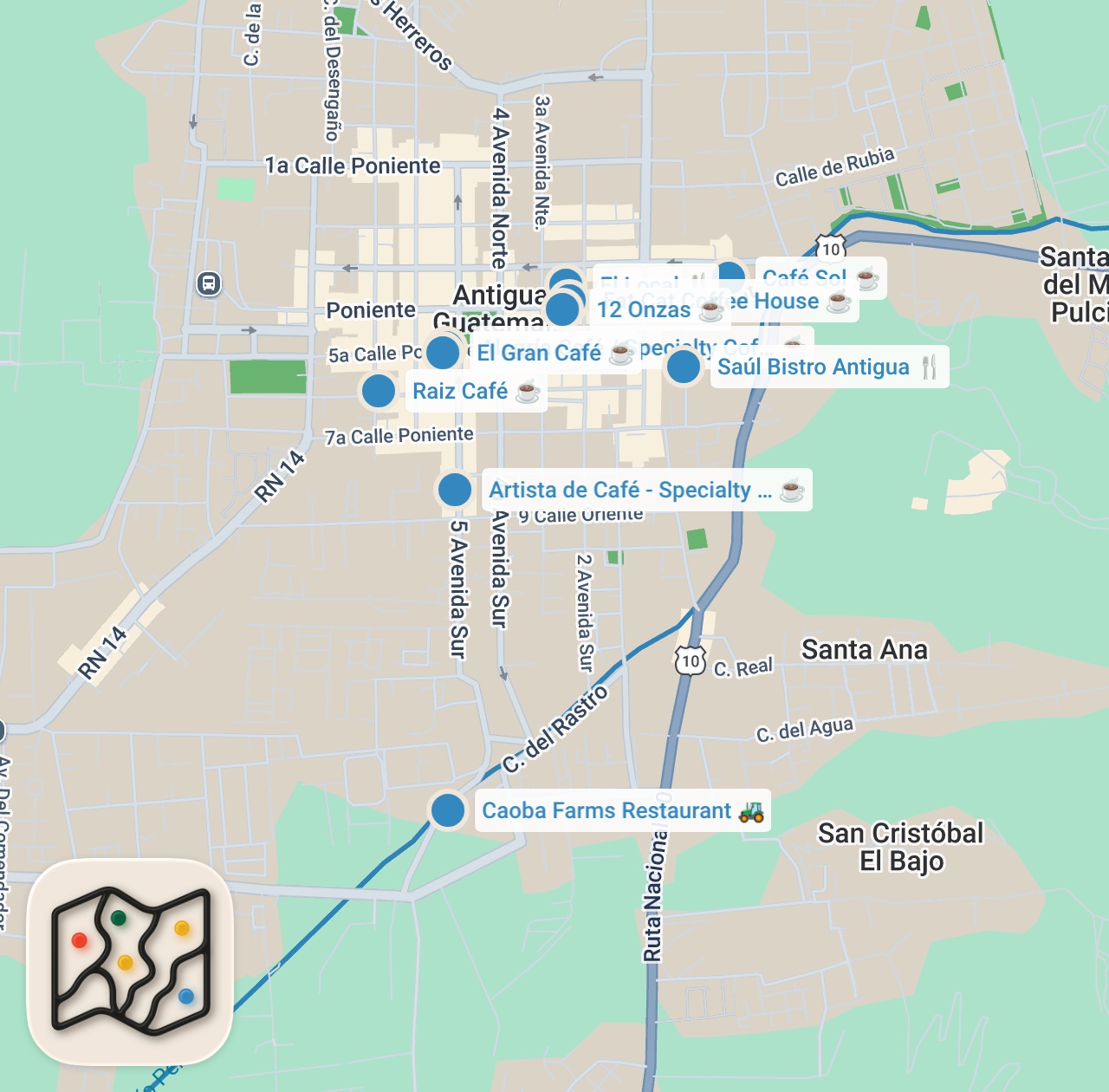 Map preview for 10 Best Cafes in Antigua, Guatemala 🇬🇹