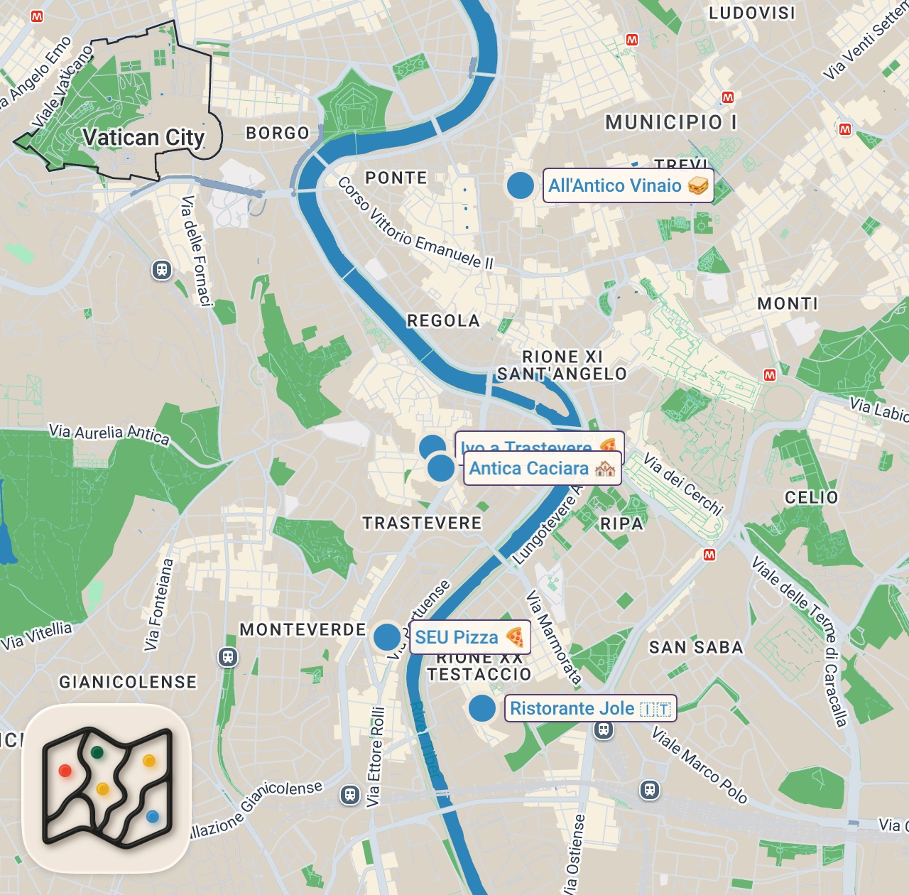 Map of 5 spots from 24 Hours Of ITALIAN FOOD In ROME - Best Roman Pizza & Local Street Food