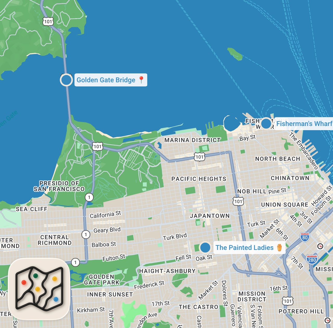 Map preview for Exploring San Francisco ALONE for 2 Days (Must-See Attractions) 🌉
