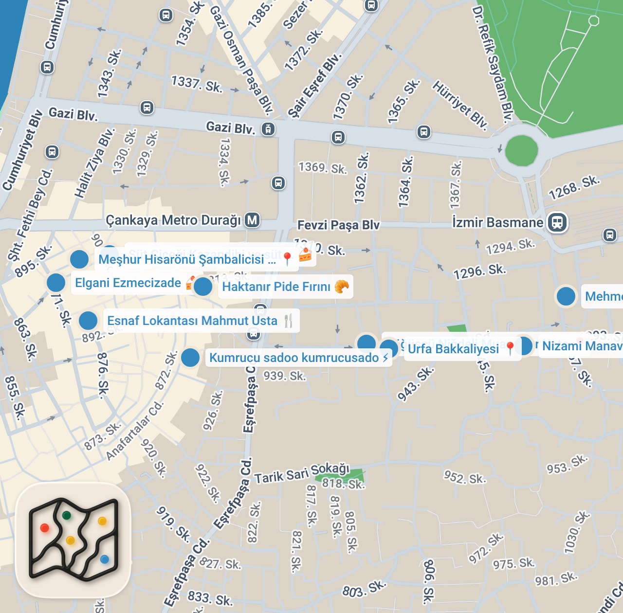 Map preview for İZMİR'İN EFSANE LEZZETLERİ (Kumru, söğüş, şambali ve daha fazlası) - Ayaküstü Lezzetler